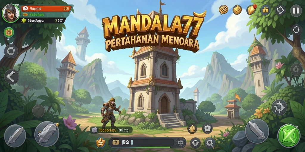 Tampilan gameplay menarik dari MANDALA77 dengan pertahanan menara yang strategis.